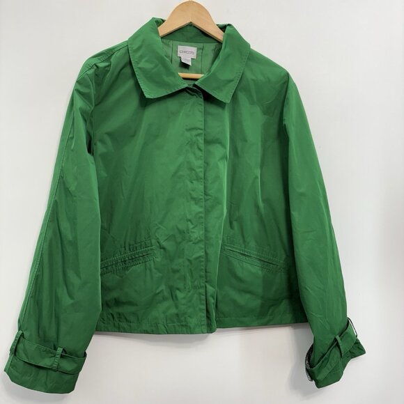 Chico’s Short Jacket Snap Front Lightweight Pockets Green Womens 3 US L - Picture 1 of 11